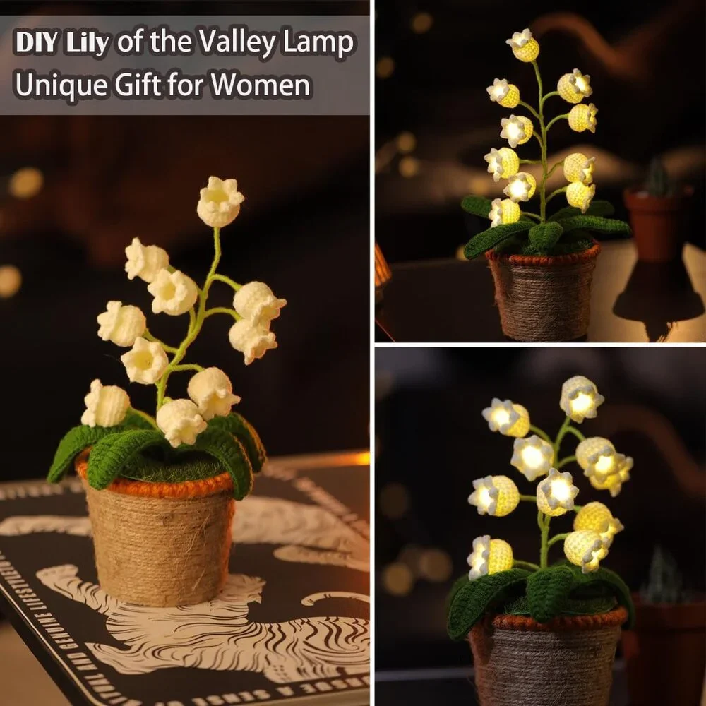 Lily Valley Artificial Crochet Lights Flowers White Lamp Cordless Home Decor